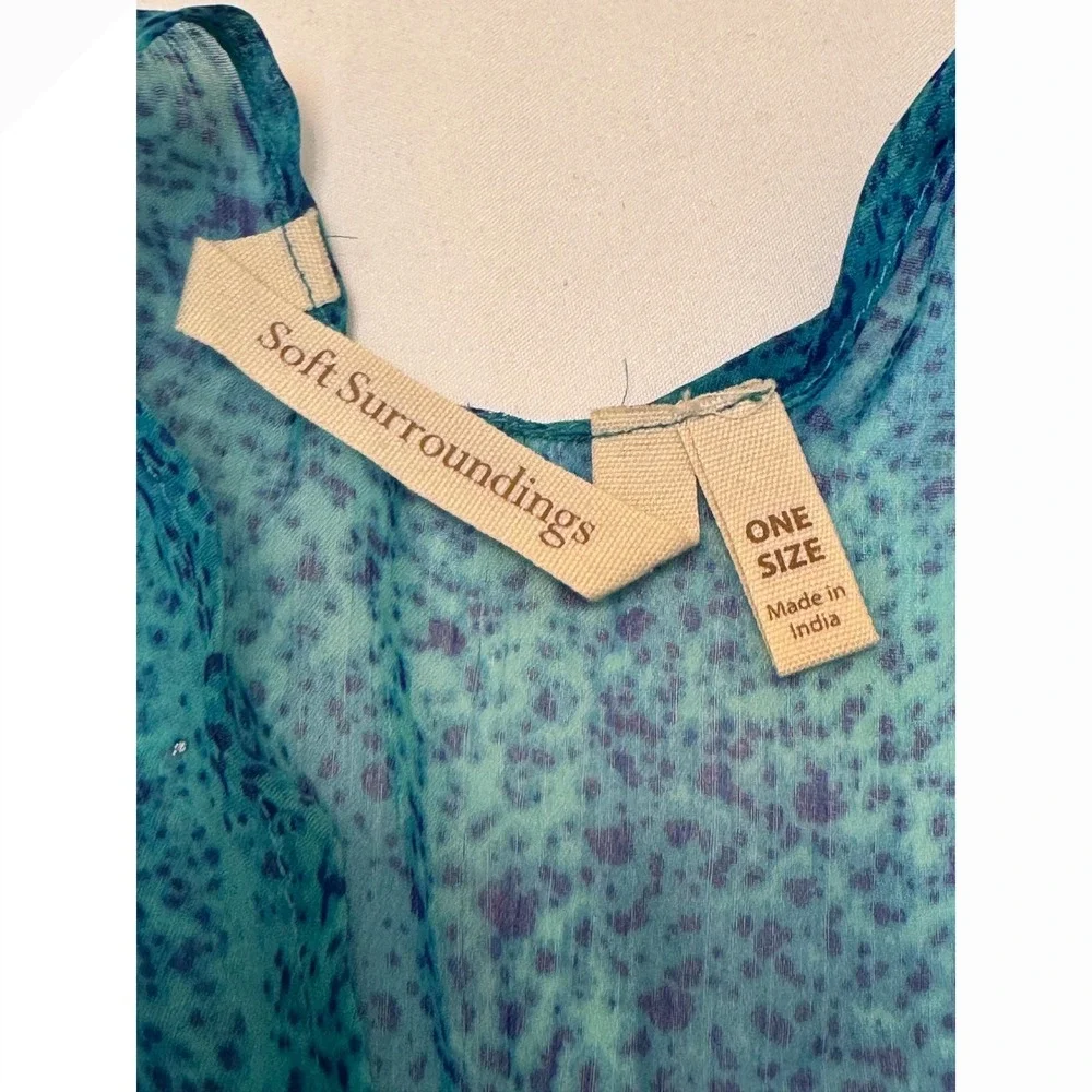 Soft Surroundings Blue Teal Ombre Kimono Wrap Pom Pom Trim One Size Resort Boho